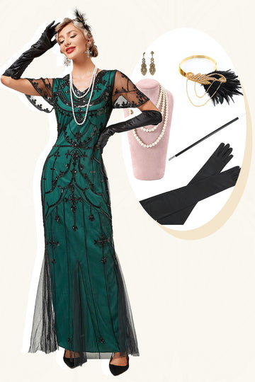 Green Beaded Long Flapper Dress med 1920-tallet tilbehør sett